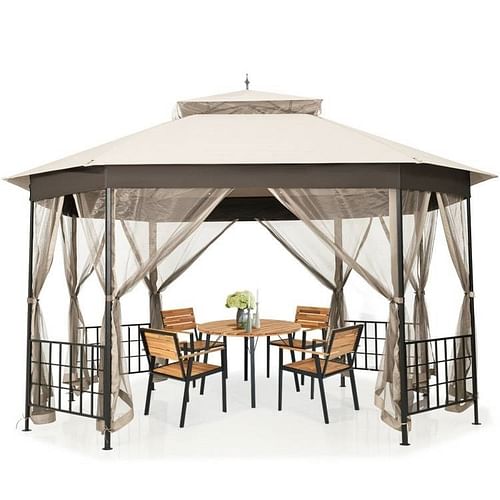 Outdoor 10 x 12 Ft Octagon Gazebo with Mosquito Net Sidewalls and Beige Canopy - Free Shipping