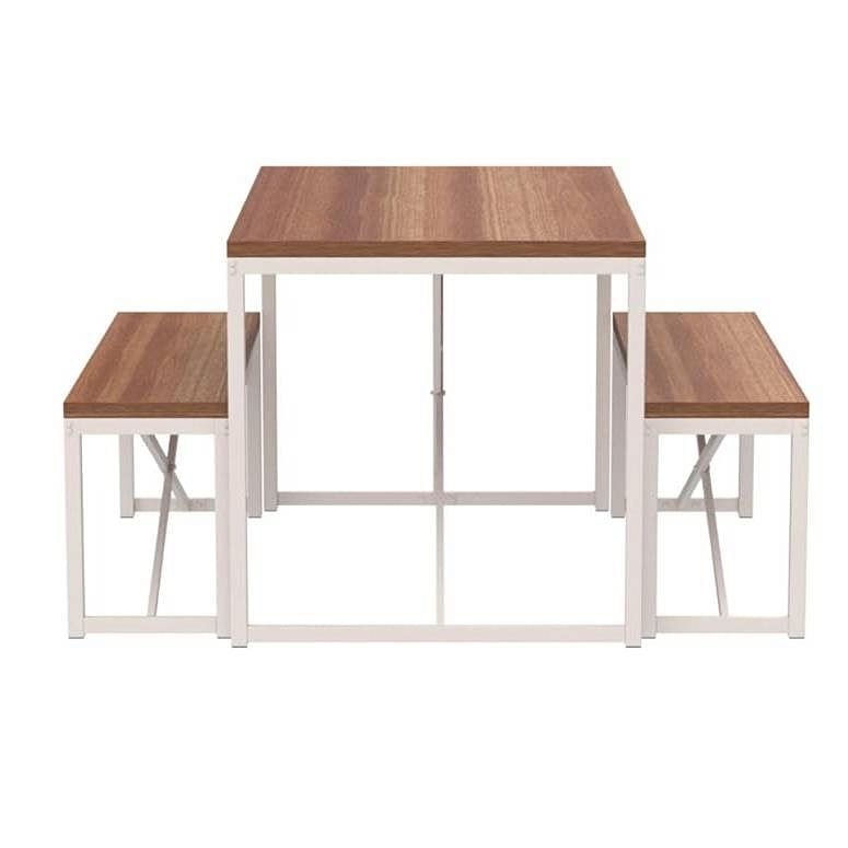 Modern 3-Piece Dining Set Wood Top White Metal Frame Table and 2 Bench Chairs - Free Shipping