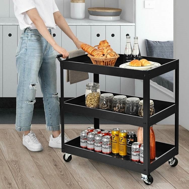 Black Steel Frame Kitchen Serving Utility Cart on Wheels with 2 Bottom Shelves - Free Shipping