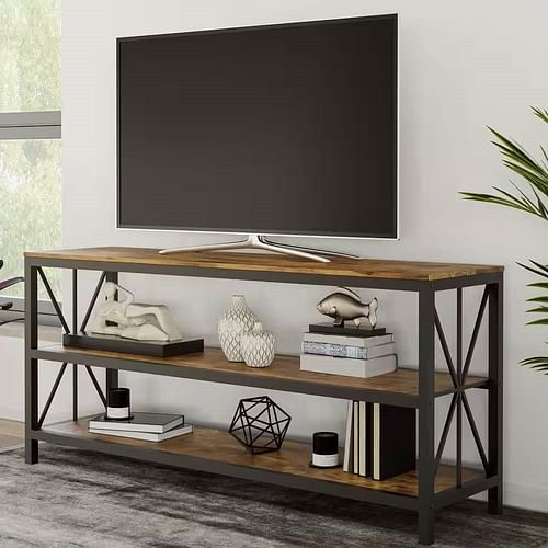 Modern Black Metal TV Stand with Barn Wood Finish Shelves - TV's up to 70-inch - Free Shipping