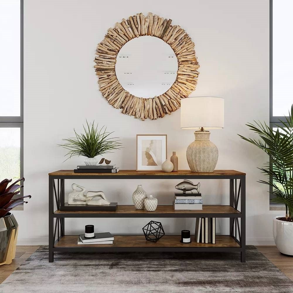 Modern Black Metal TV Stand with Barn Wood Finish Shelves - TV's up to 70-inch - Free Shipping