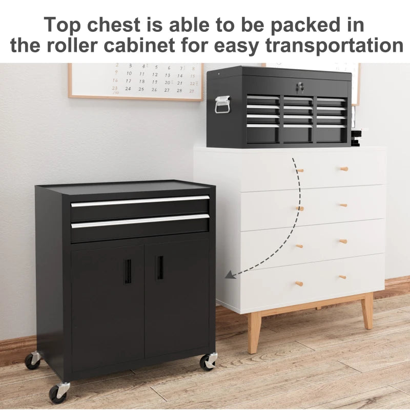 6-Drawer Rolling Tool Chest, 2 in 1 Lockable Storage Cabinet with Hooks, Metal Tool Box for Garage, Workshop, Black
