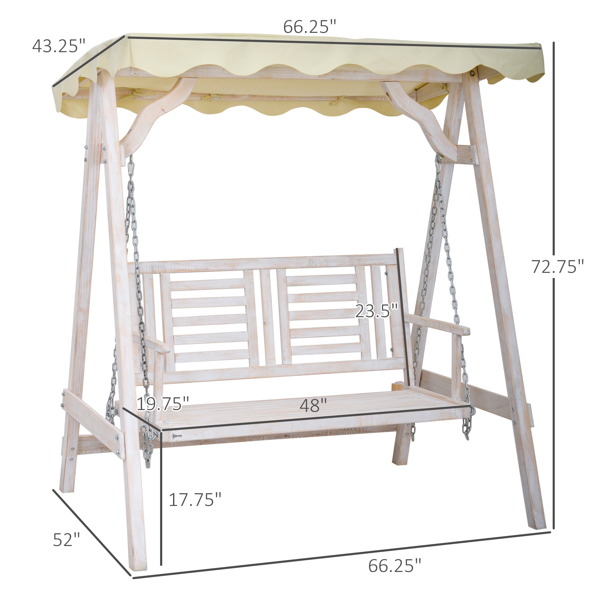 Outsunny Porch Perfection: 2-Seater Swing with Stand, Canopy, Cushion, Outdoor Wooden Swing Chair Bench