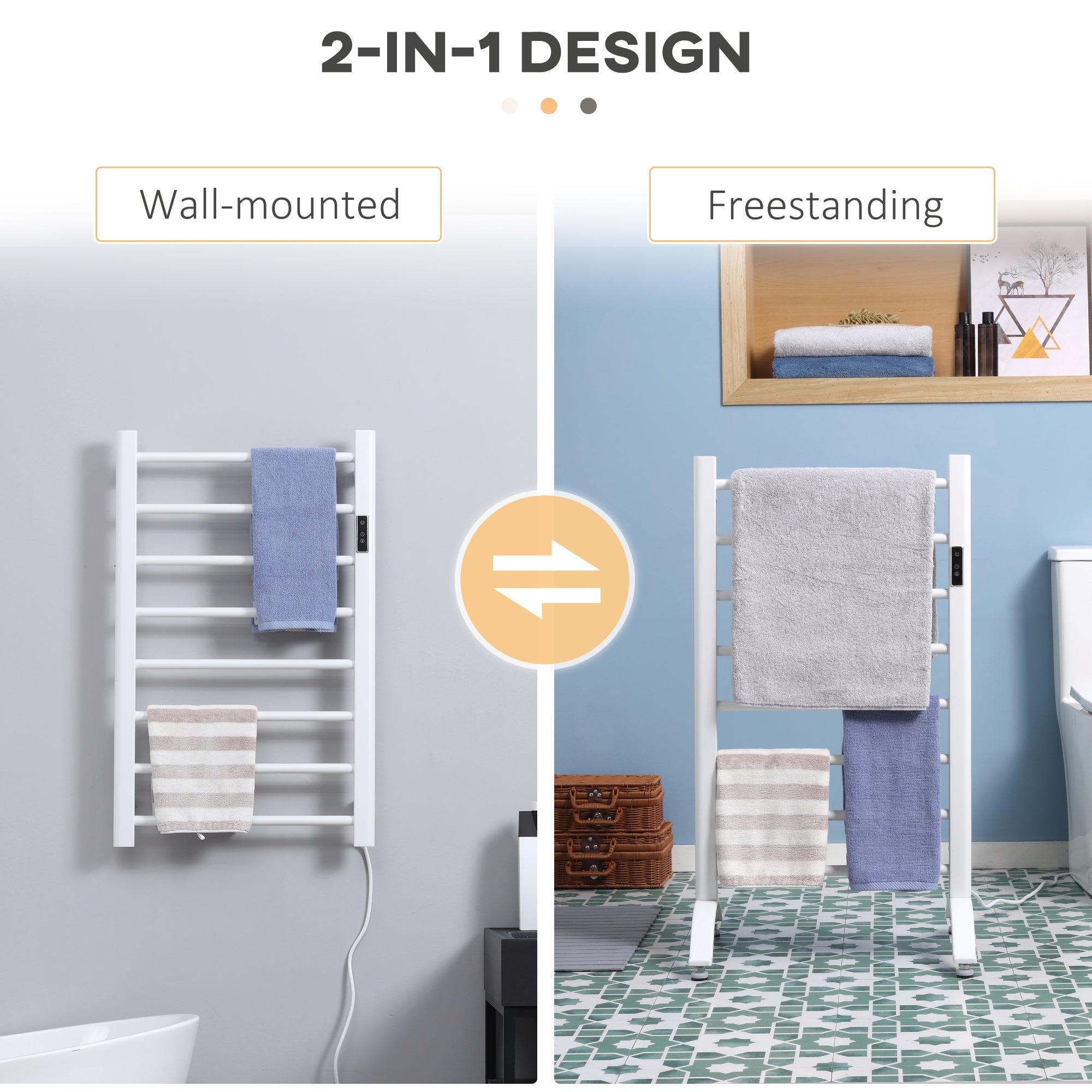 HOMCOM Electric Towel Warmer: 8-Bar Bathroom Heated Rail with Timer, LED Display, Wall-Mount/Freestanding, Carbon Steel