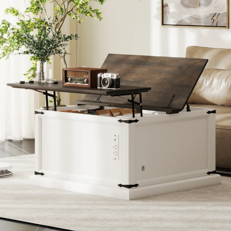 Lift Top Coffee Table with Charging Station, Square Farmhouse Center Table with Hidden Storage, White Wood Grain