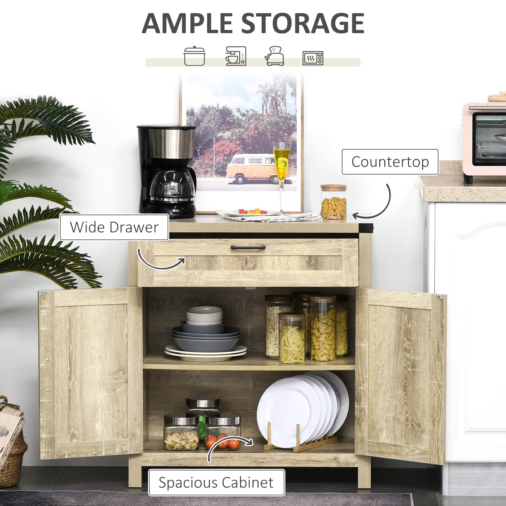 HOMCOM Farmhouse Buffet Cabinet: Wooden Accent Sideboard with Drawer and Adjustable Shelf for Kitchen, Rustic Brown