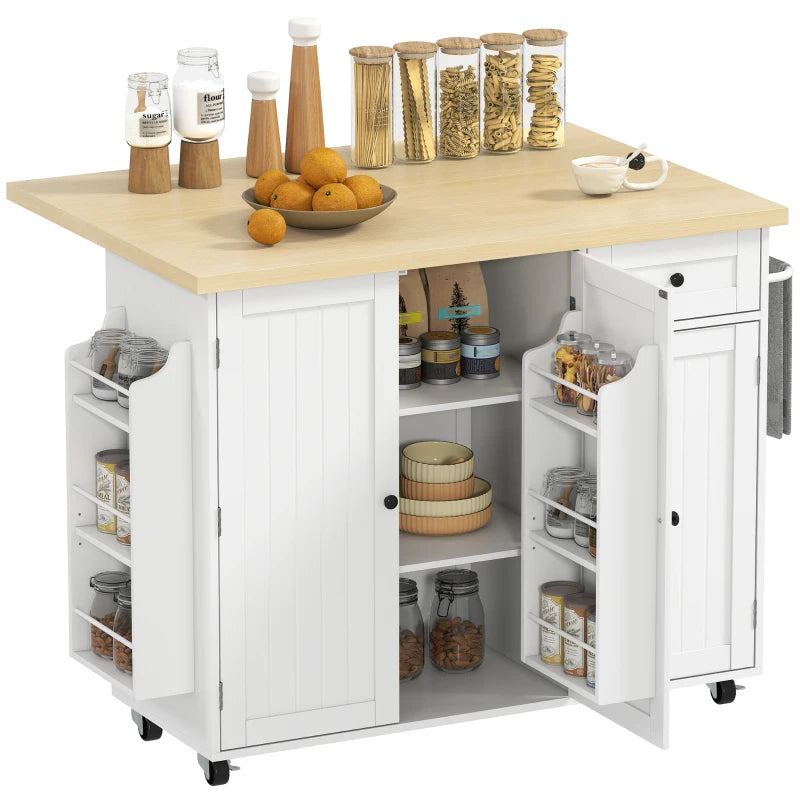 Kitchen Island Cart, Rolling Kitchen Island Table with Drop Leaf, Drawer, Spice and Towel Rack, White