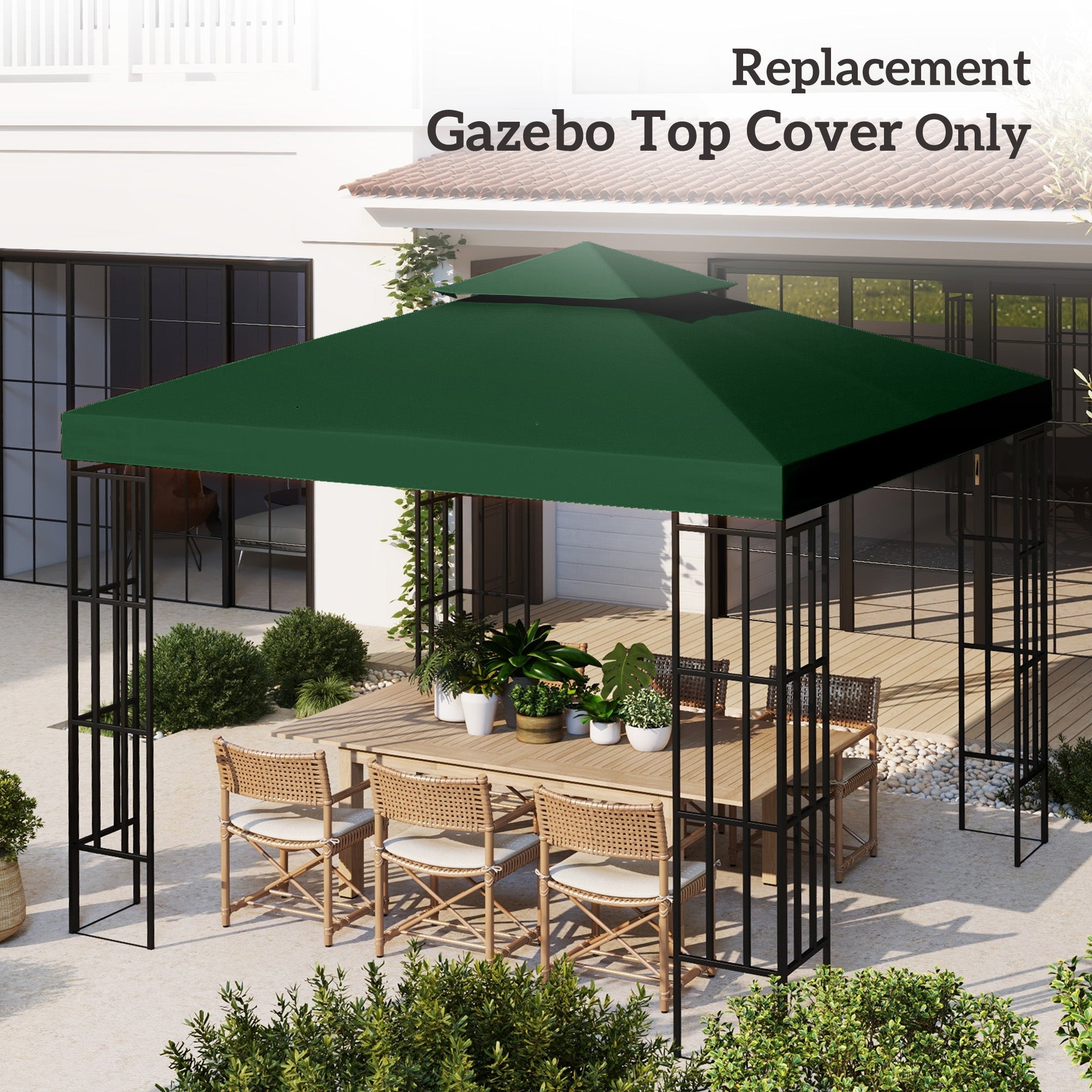 Outsunny 9.8' x 9.8' Square 2-Tier Gazebo Canopy Replacement Top Cover Outdoor Garden Sun Shade, Green