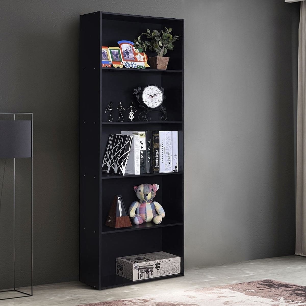 Modern 5-Shelf Bookcase Storage Shelves in Black Wood Finish - Free Shipping
