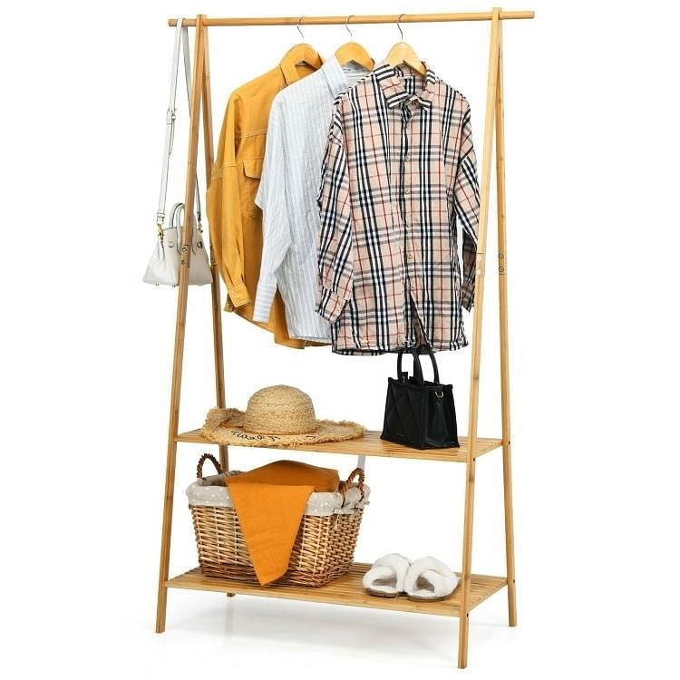 Entryway Bedroom Wood Garment Clothes Hanging Rack with 2 Bottom Storage Shelves - Free Shipping