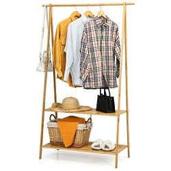 Entryway Bedroom Wood Garment Clothes Hanging Rack with 2 Bottom Storage Shelves - Free Shipping