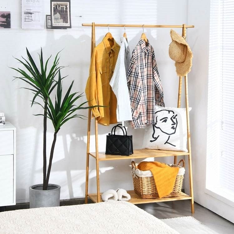 Entryway Bedroom Wood Garment Clothes Hanging Rack with 2 Bottom Storage Shelves - Free Shipping
