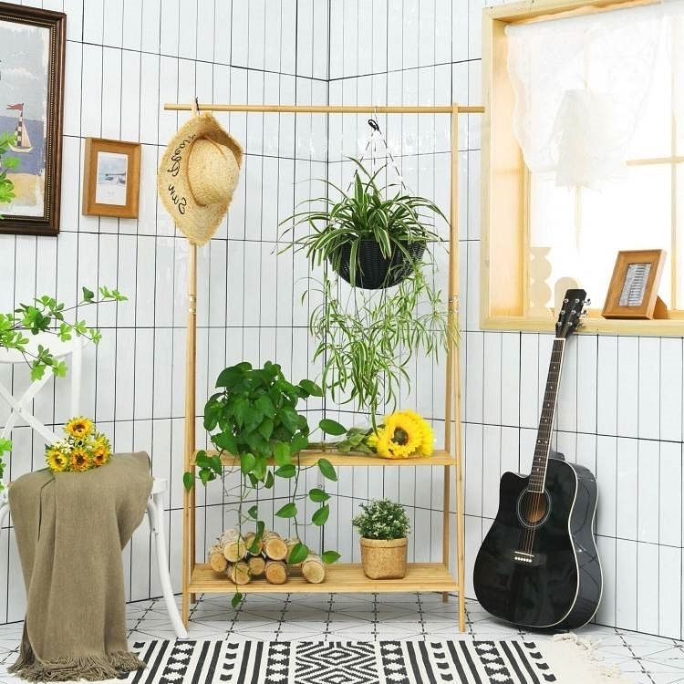 Entryway Bedroom Wood Garment Clothes Hanging Rack with 2 Bottom Storage Shelves - Free Shipping