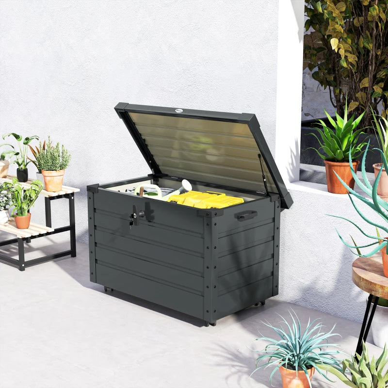 78 Gallon Garden Storage Box, Waterproof Outdoor Storage Container with Wheels and Handles, Dark Grey