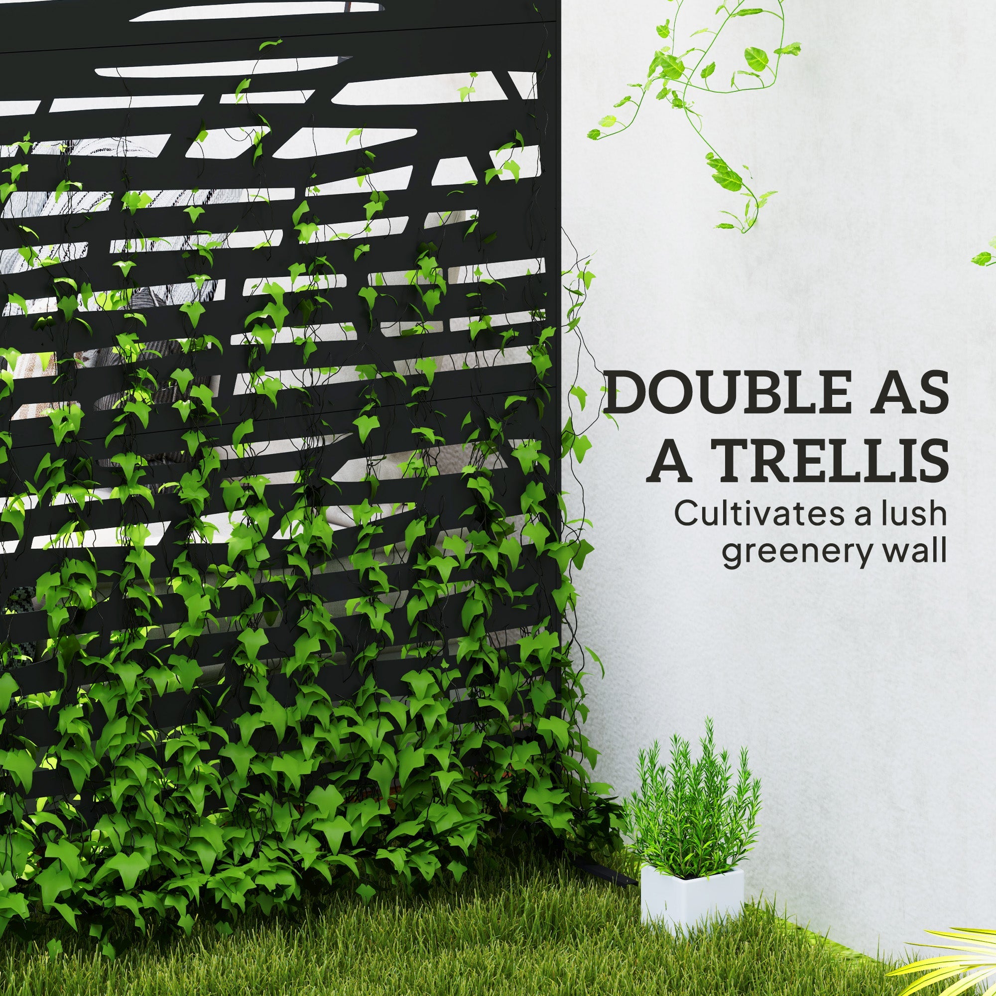 Outsunny Decorative Outdoor Privacy Panel with Stand, Freestanding Metal Outdoor Divider for Garden, Backyard, Deck, Black