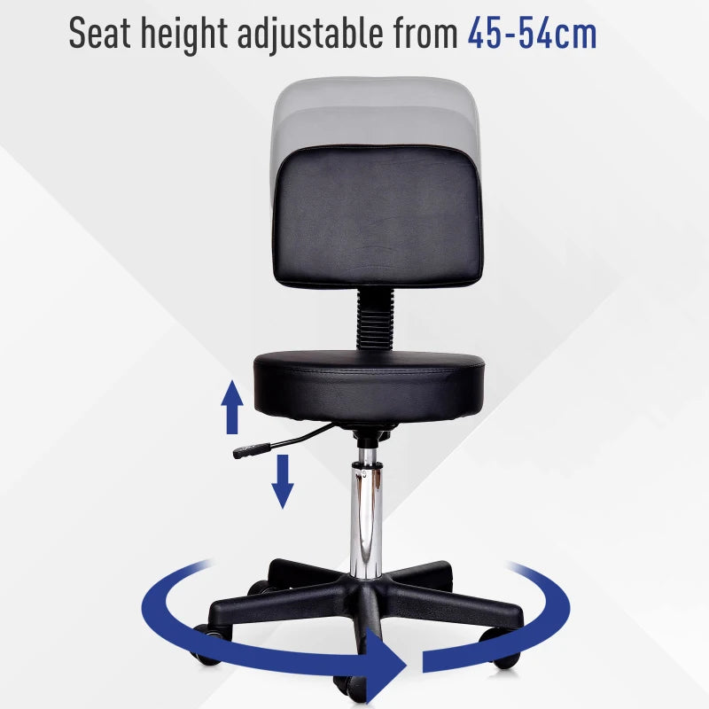 PU Leather Adjustable Rolling Stool, Round Swivel Drafting Stool with Back, Wheels, Black