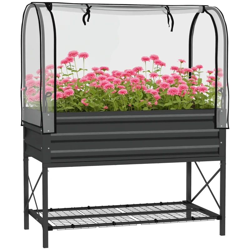 Raised Garden Bed with Cover, Metal Elevated Planter Box with Bottom Shelf and Liner, Black