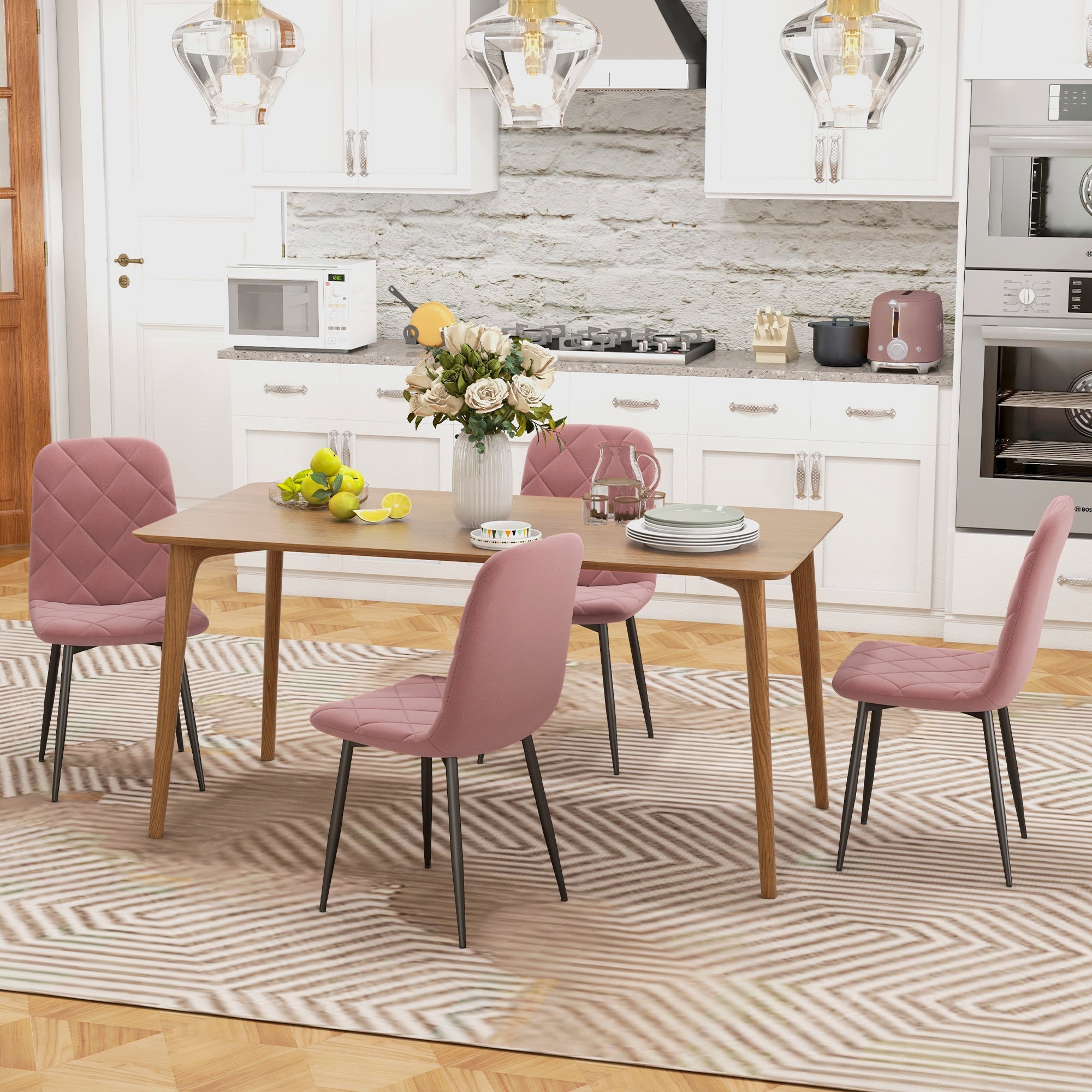 HOMCOM Dining Chairs Set of 4, Upholstered Dining Room Chairs with Steel Legs, Modern Kitchen Chair for Dining Room, Pink