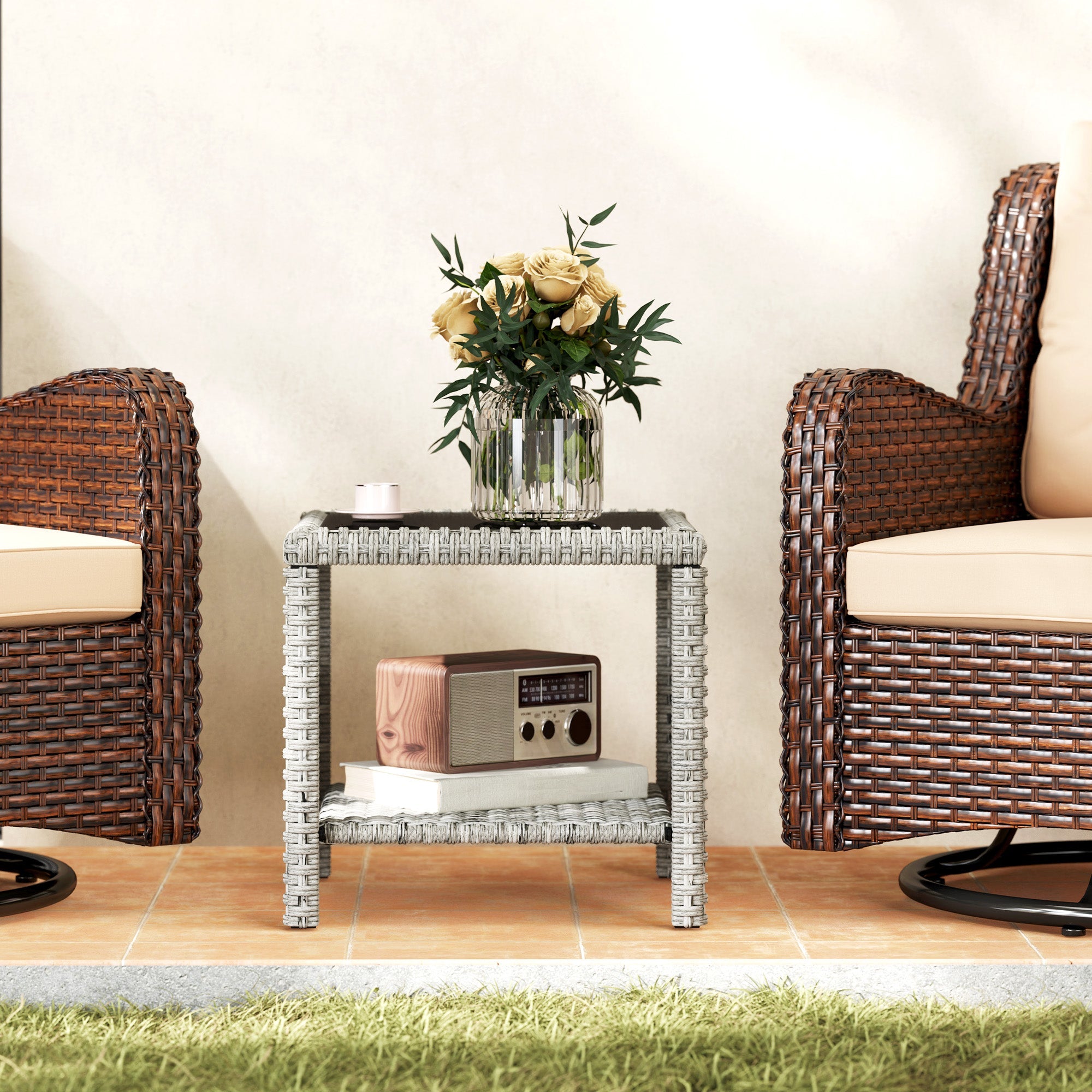 Outsunny 19" Outdoor Wicker Coffee Table with Glass Top, Storage Shelf for Garden Porch Balcony Deck, Dark Grey