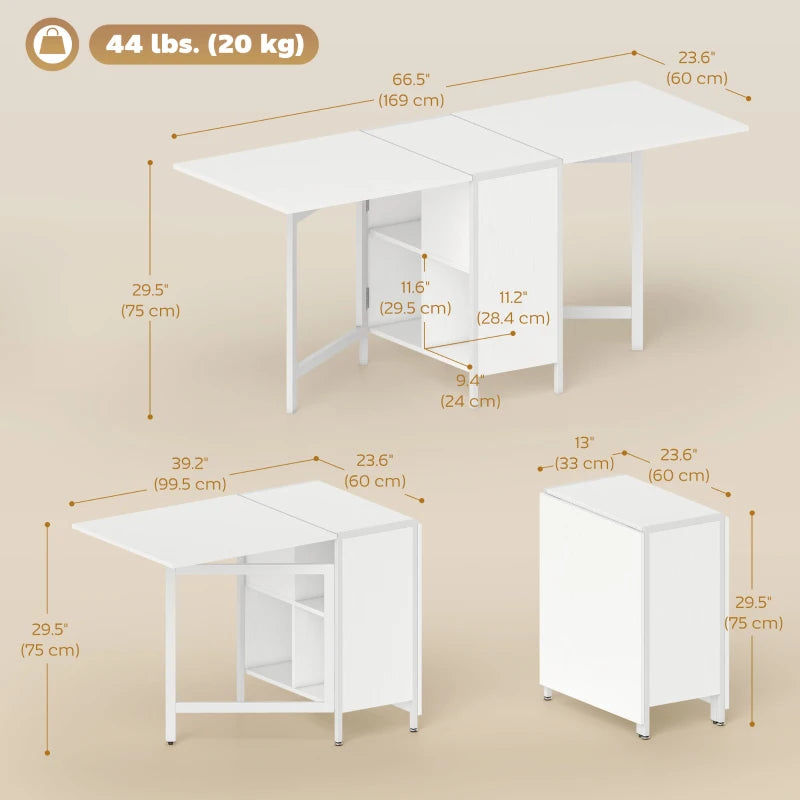Multi-use Foldable Table with Hideaway Shelves, Drop Leaf Table for Kitchen, Dining, Study and Office, White