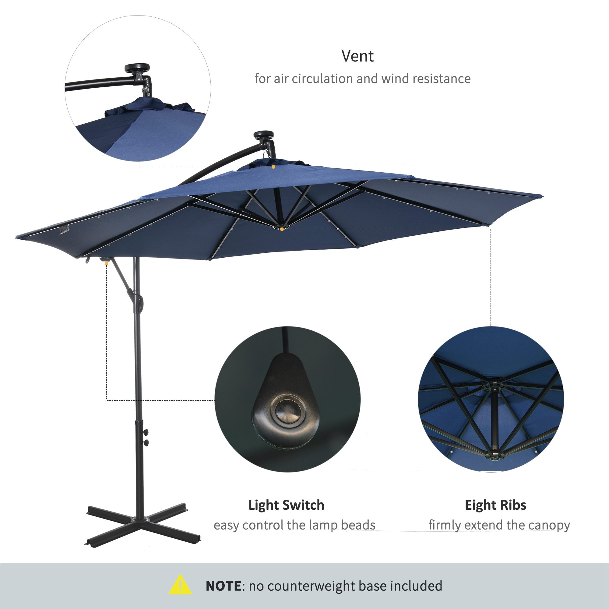 Outsunny 10ft Outdoor Cantilever Umbrella with Solar Lights Banana Adjustable Angle for Patio Backyard Navy Blue