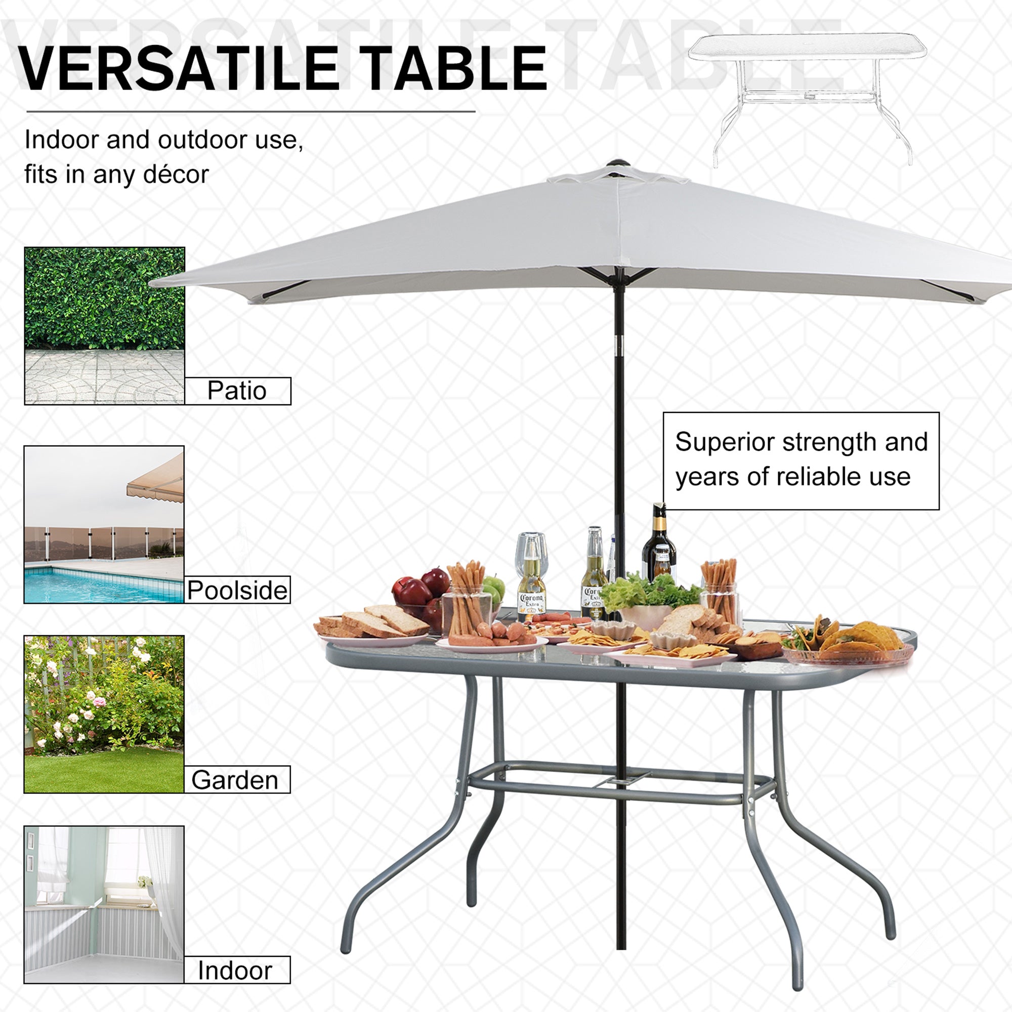 Outsunny Metal Garden Dining Tables Outdoor Patio w/ Tempered Glass Top, Umbrella Hole, 55" x 31.5"