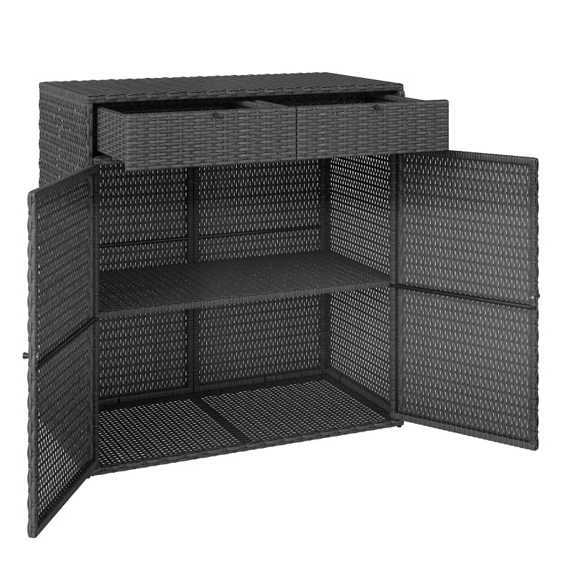 Wicker Outdoor Storage Cabinet with 2 Doors and Drawers, 2-Tier Shelf Rattan Patio Storage Cabinet, Dark Grey