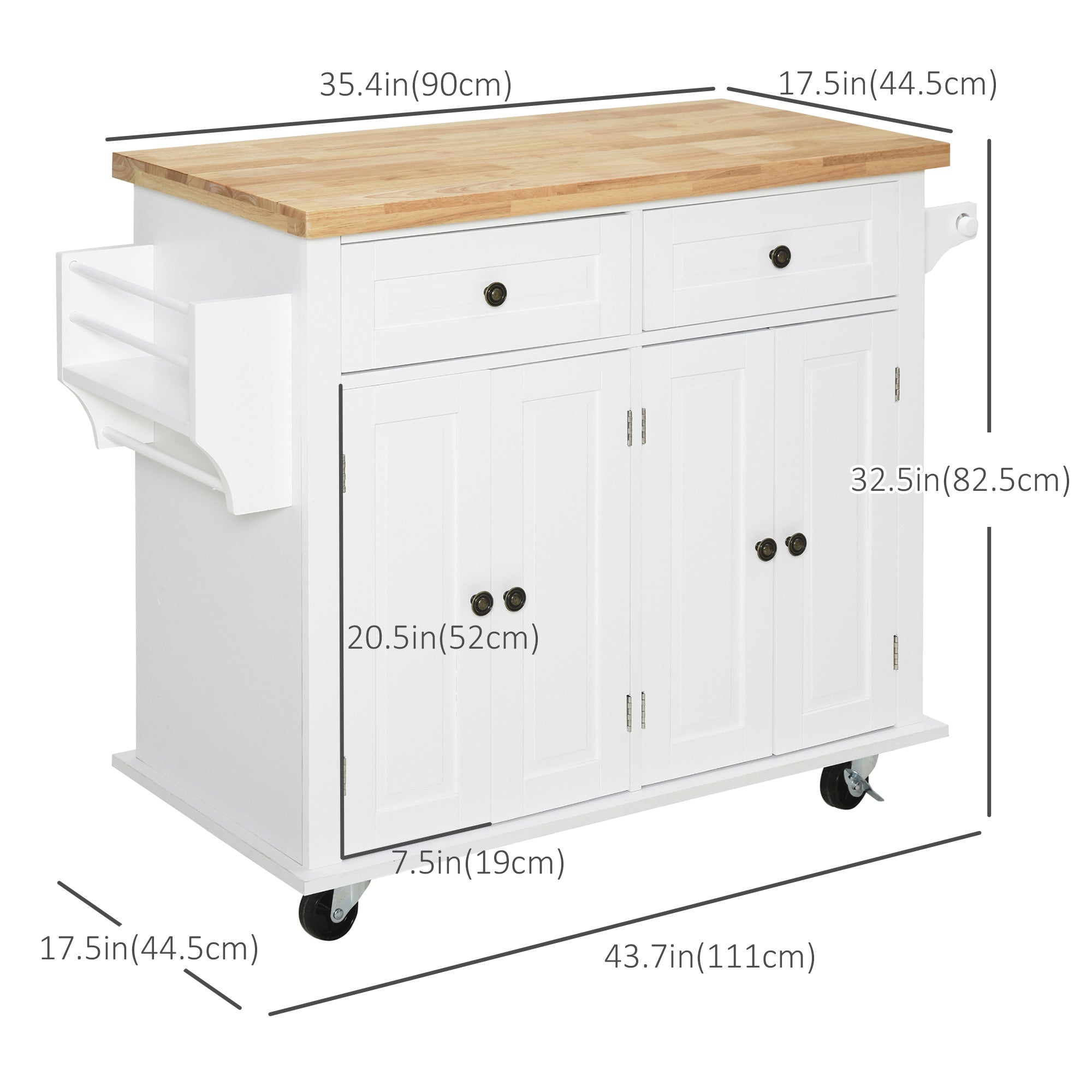 HOMCOM Pristine Pantry: Kitchen Island Trolley Cart Rolling Storage with Rubber Wood Top, Spice Rack, Towel Rack, White Finish