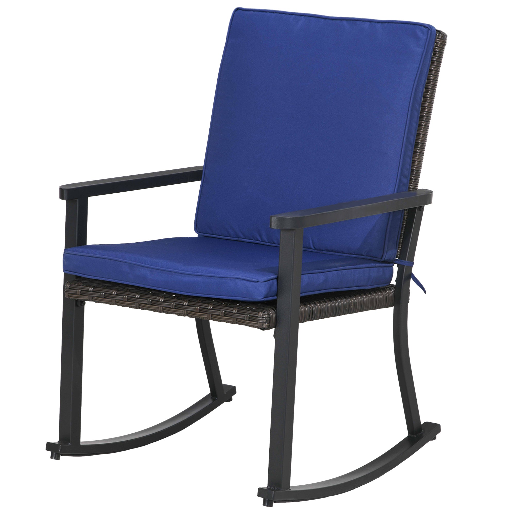 Outsunny Patio Wicker Rocking Chair Outdoor PE Rattan High Back Armrest Seat Cushion Blue Color Furniture