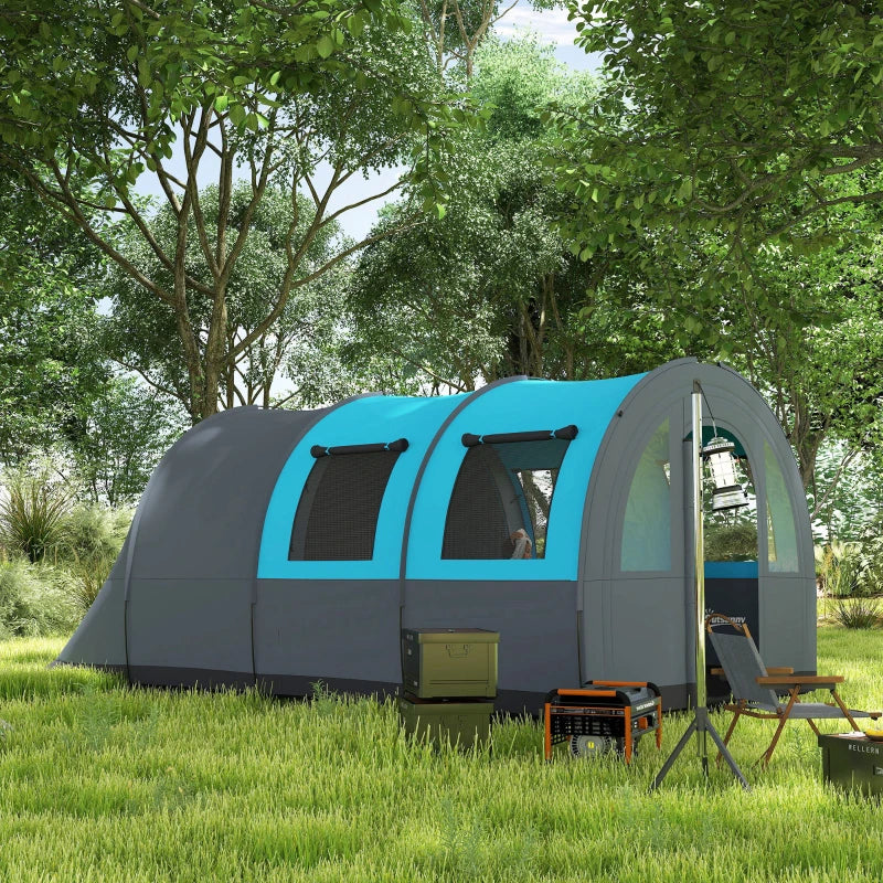 5-6 Person Camping Tent with Living Room and Bedroom, 3000mm Waterproof Tunnel Large Family Tent, Grey and Blue