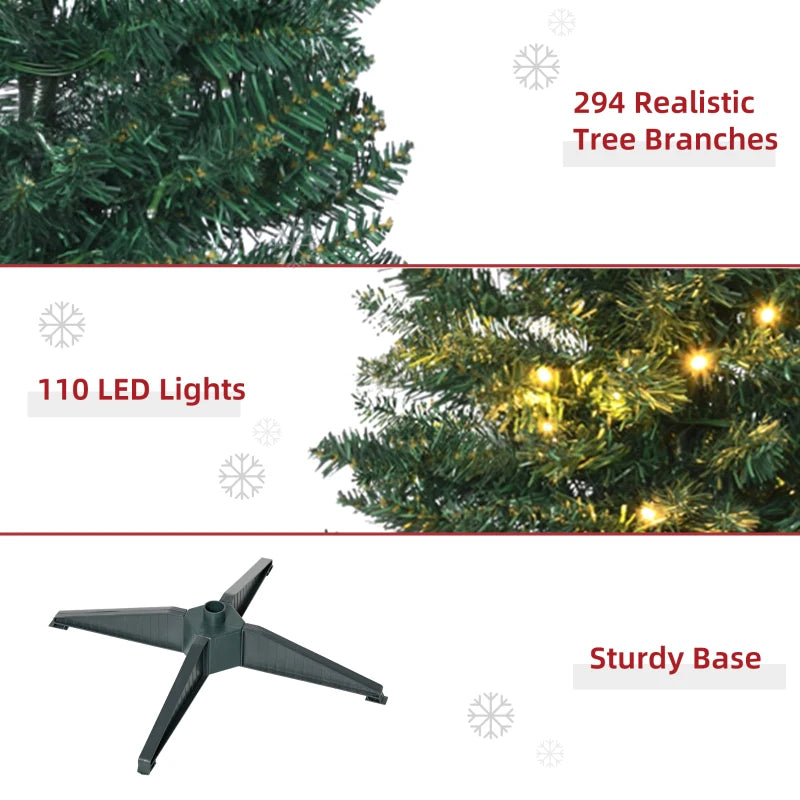 HOMCOM 5' Tall Pre-Lit Slim Noble Fir Artificial Pencil Christmas Tree with Realistic Branches, 110 Warm White LED Lights and 294 Tips, Green