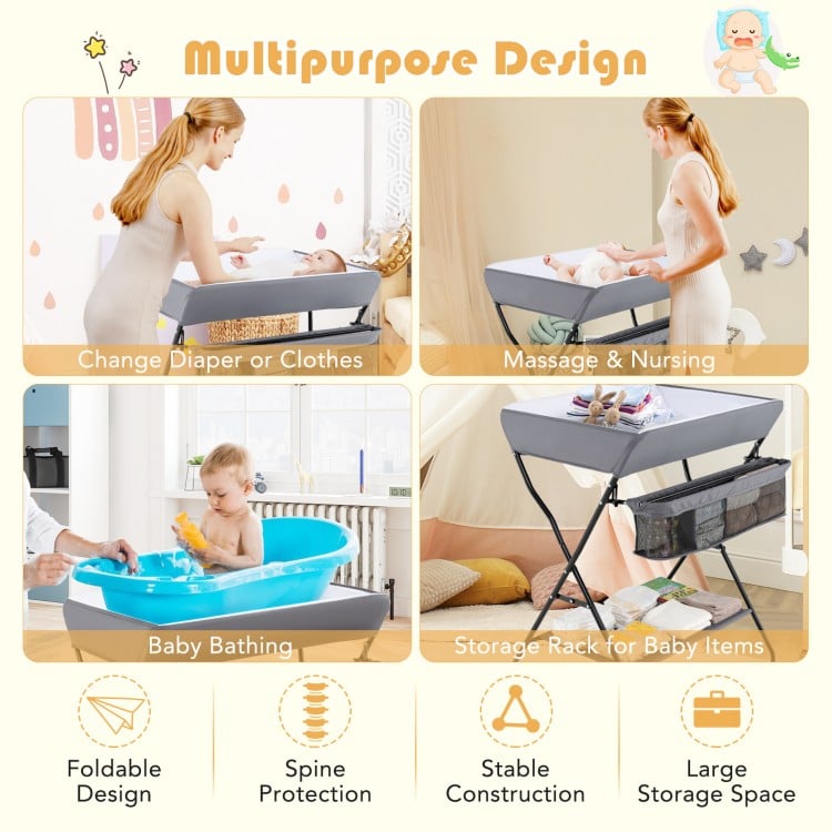 Baby Storage Folding Diaper Changing Table-Gray
