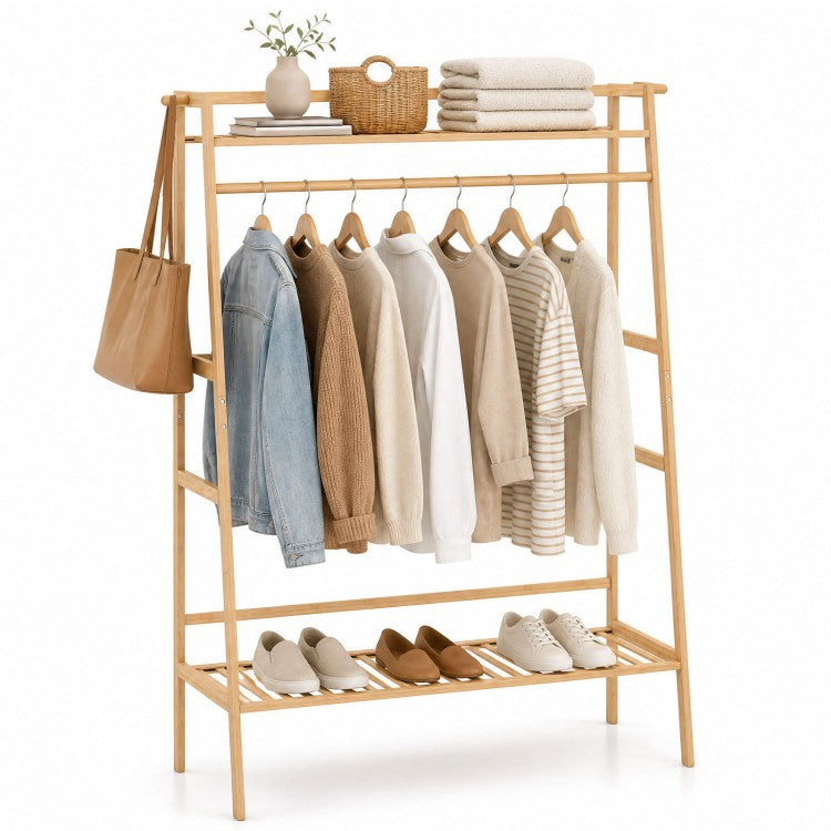 Freestanding Bamboo Clothing Rack with Hanging Rod, Storage Shelves & Side Hooks