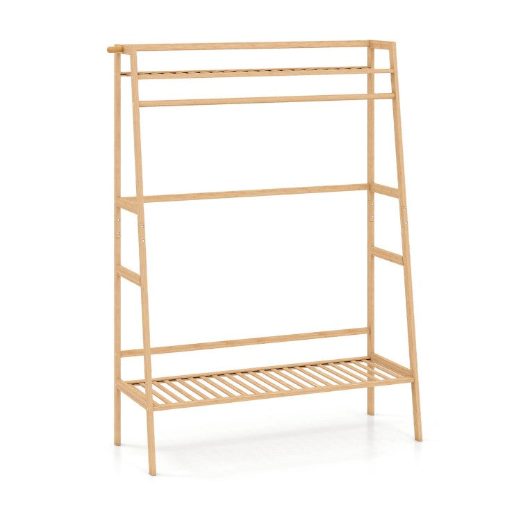 Freestanding Bamboo Clothing Rack with Hanging Rod, Storage Shelves & Side Hooks