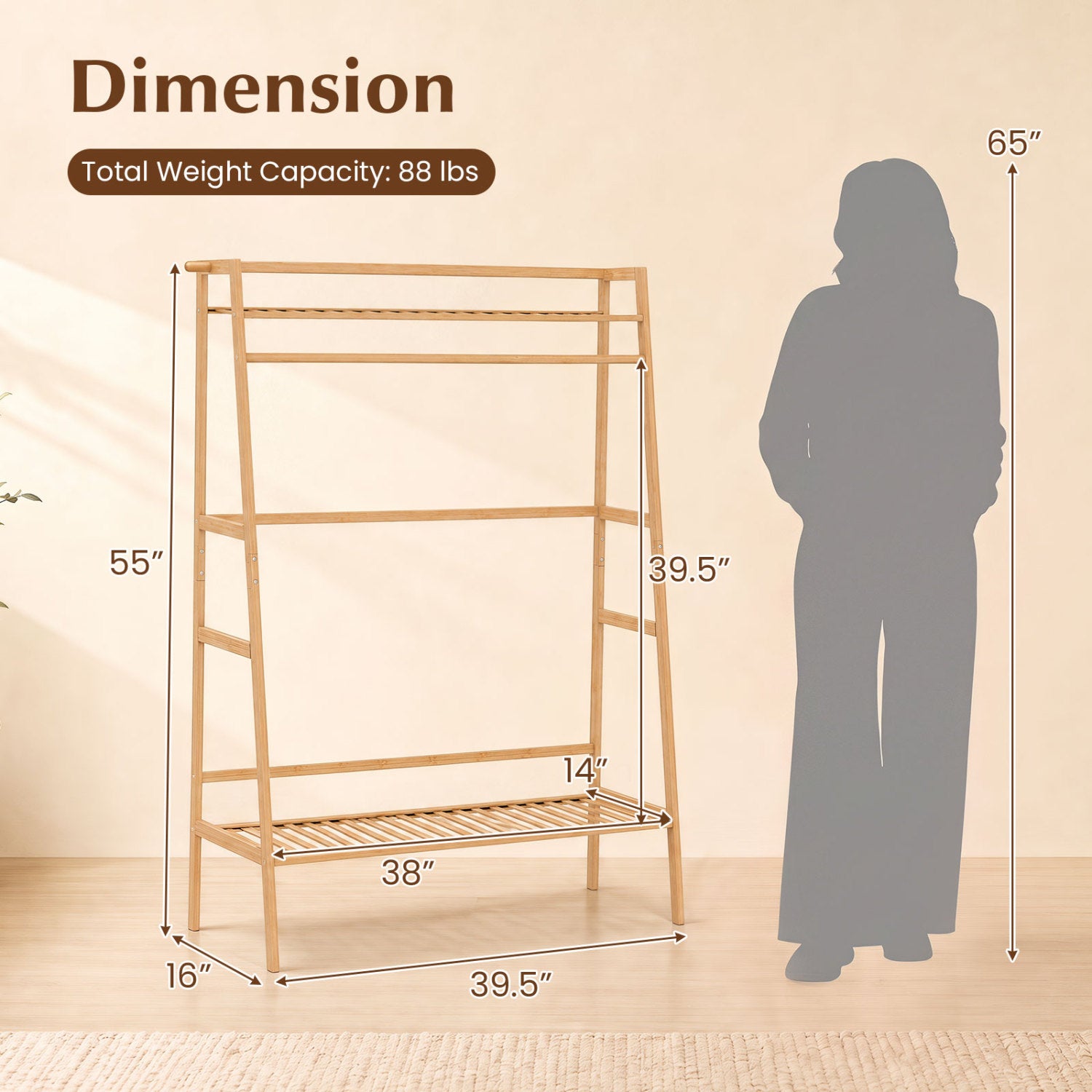 Freestanding Bamboo Clothing Rack with Hanging Rod, Storage Shelves & Side Hooks