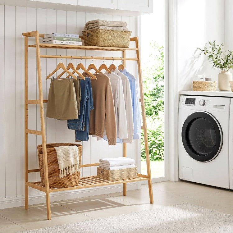 Freestanding Bamboo Clothing Rack with Hanging Rod, Storage Shelves & Side Hooks
