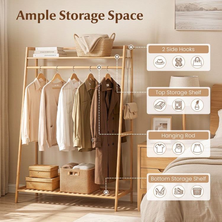 Freestanding Bamboo Clothing Rack with Hanging Rod, Storage Shelves & Side Hooks