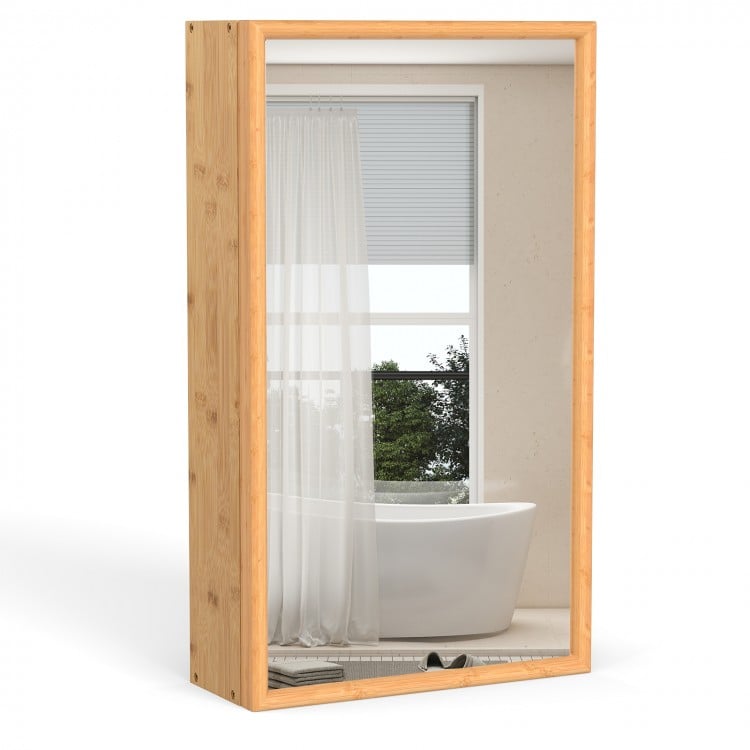 Bamboo Small Medicine Cabinet with Mirror Door and Removable Shelves-Natural