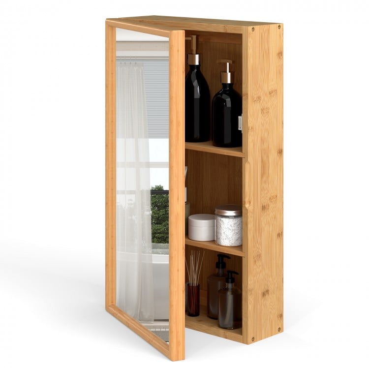 Bamboo Small Medicine Cabinet with Mirror Door and Removable Shelves-Natural
