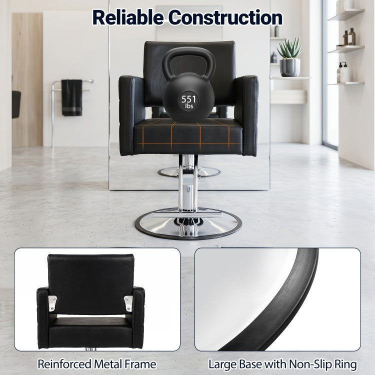 Barber Salon Chair with Hydraulic Pump, Adjustable Height Styling Chair, 360° Swivel Beauty Spa Chair, Heavy-Duty Reclining Salon Seat, Black & Silver