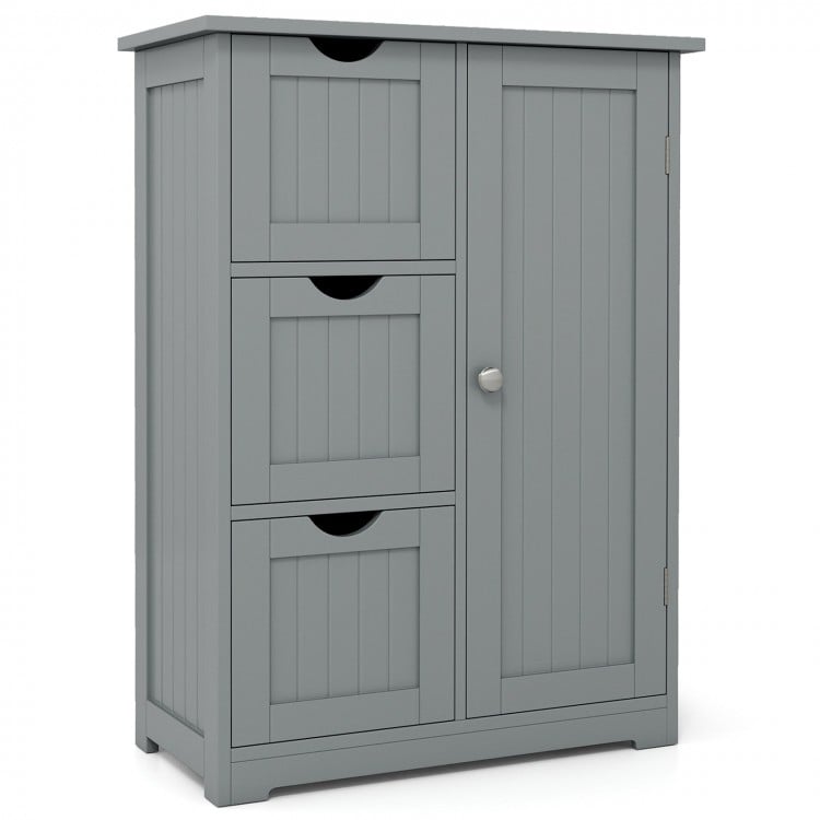 Bathroom Floor Cabinet Side Storage Cabinet with 3 Drawers and 1 Cupboard-Gray