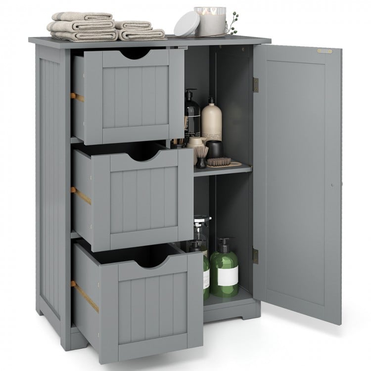 Bathroom Floor Cabinet Side Storage Cabinet with 3 Drawers and 1 Cupboard-Gray