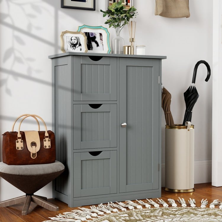 Bathroom Floor Cabinet Side Storage Cabinet with 3 Drawers and 1 Cupboard-Gray