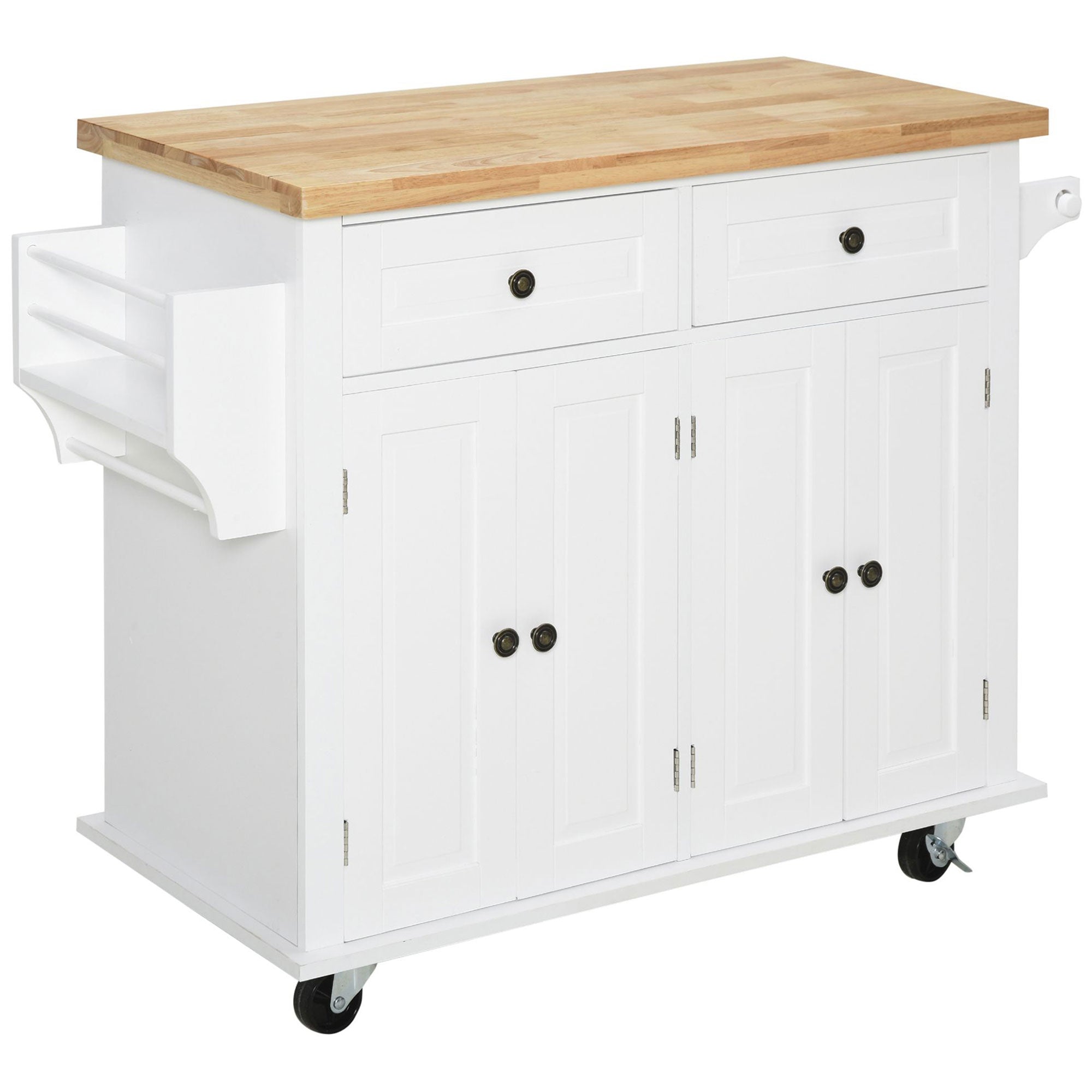 HOMCOM Pristine Pantry: Kitchen Island Trolley Cart Rolling Storage with Rubber Wood Top, Spice Rack, Towel Rack, White Finish