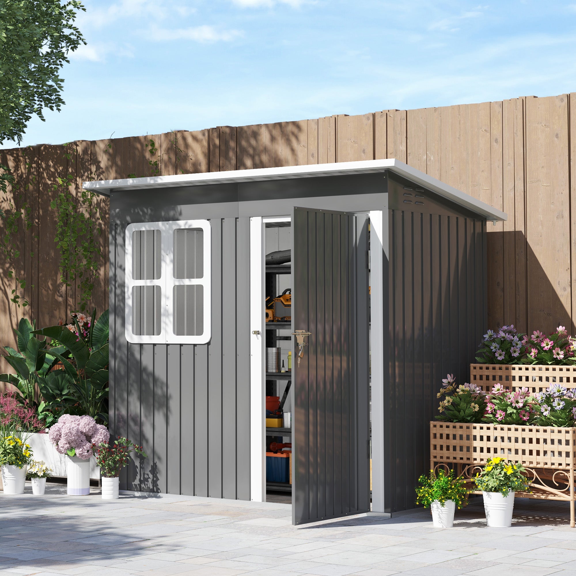 Outsunny 7' x 4' Galvanised Steel Outdoor Storage Shed, Garden Shed with Window, Lockable Wide Door and Air Vents, Dark Grey