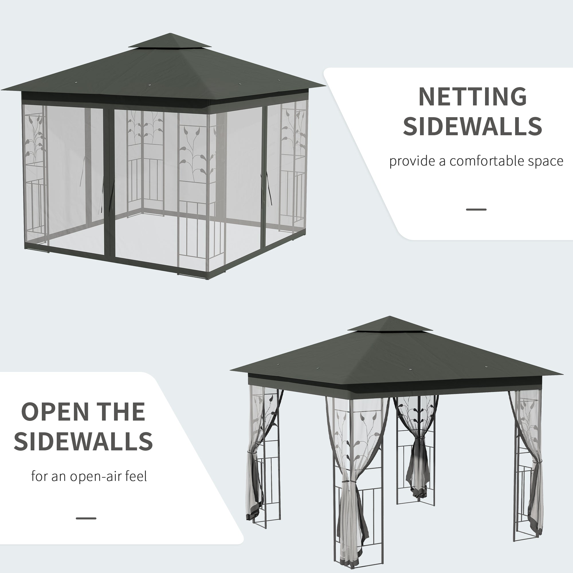 Outsunny 10x10 Steel Patio Gazebo Soft-Top Sun Shelter with 2-Tier Roof & Curtain Sidewalls in Grey