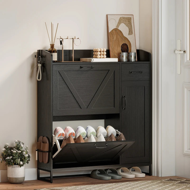 Farmhouse Shoe Storage Cabinet with Side Cabinet and Adjustable Shelves for Entryway, Hallway, Holds 12 Pairs, Black