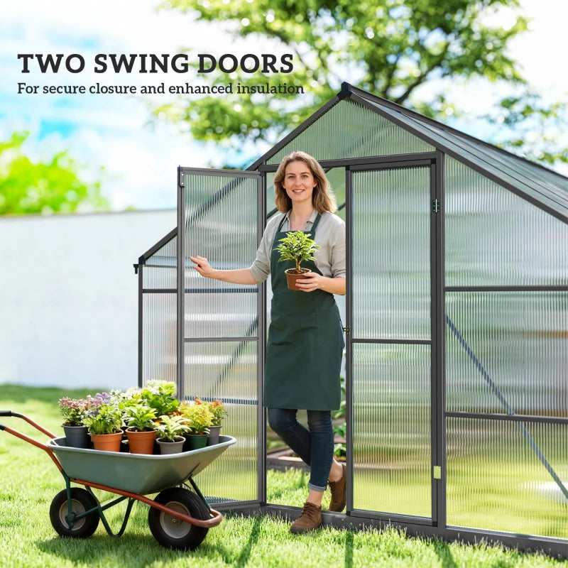 Polycarbonate Greenhouse, Walk-in Green House with Two Top Windows, Rain Gutter and Swing Door, 8' x 16' x 7', Dark Grey