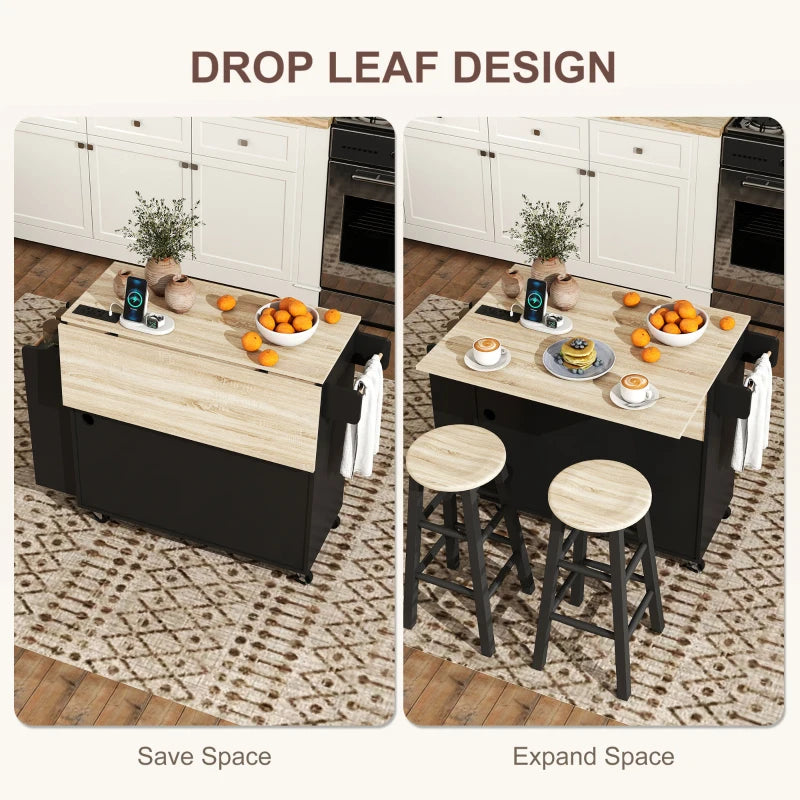 Kitchen Island with Storage, Rolling Kitchen Cart with Foldable Drop Leaf, Power Outlet and USB Ports, Black