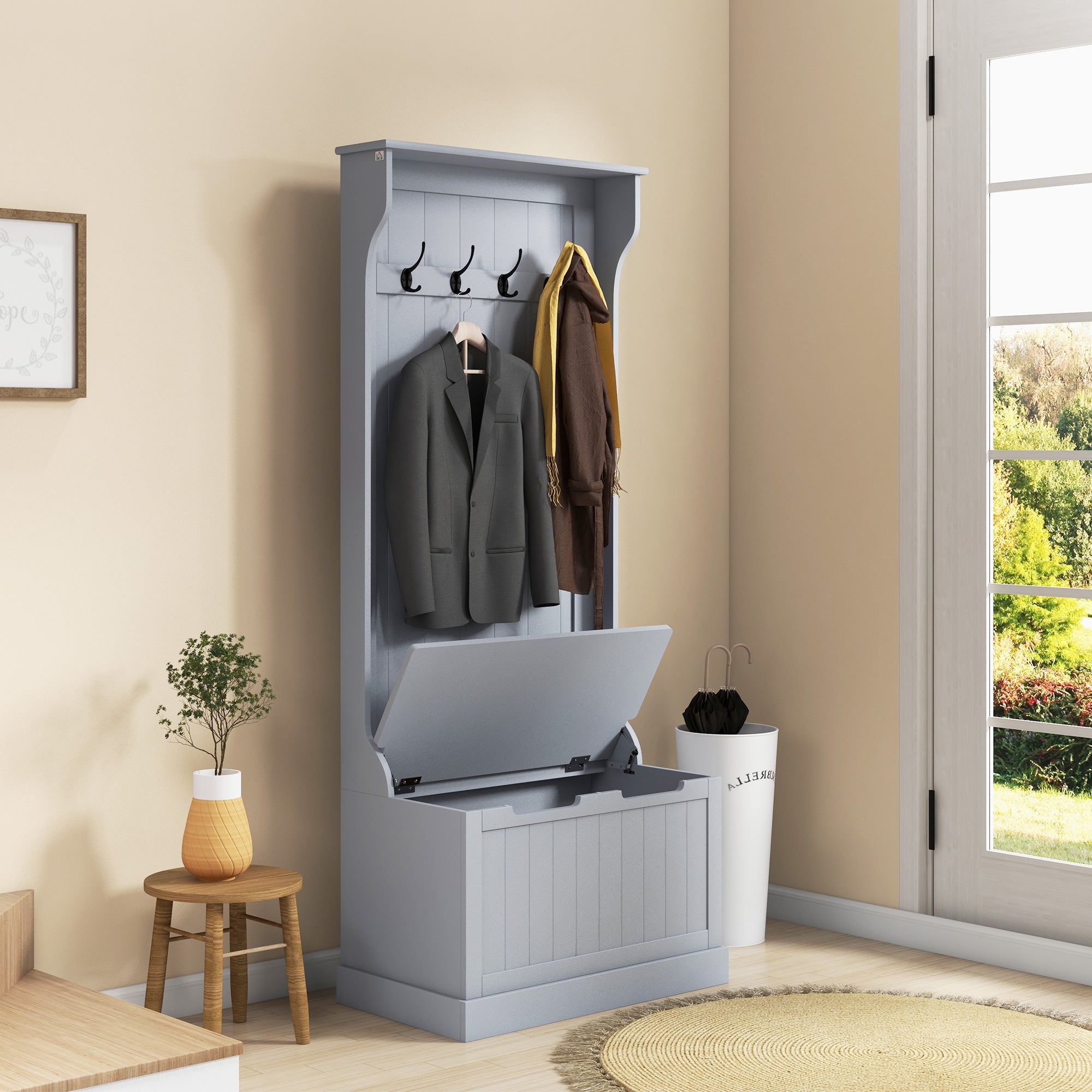 HOMCOM 3-In-1 Hall Tree with Coat Rack, Shoe Storage and Bench Seat, Entryway Bench with 4 Hooks for Hallway, Living Room, Grey